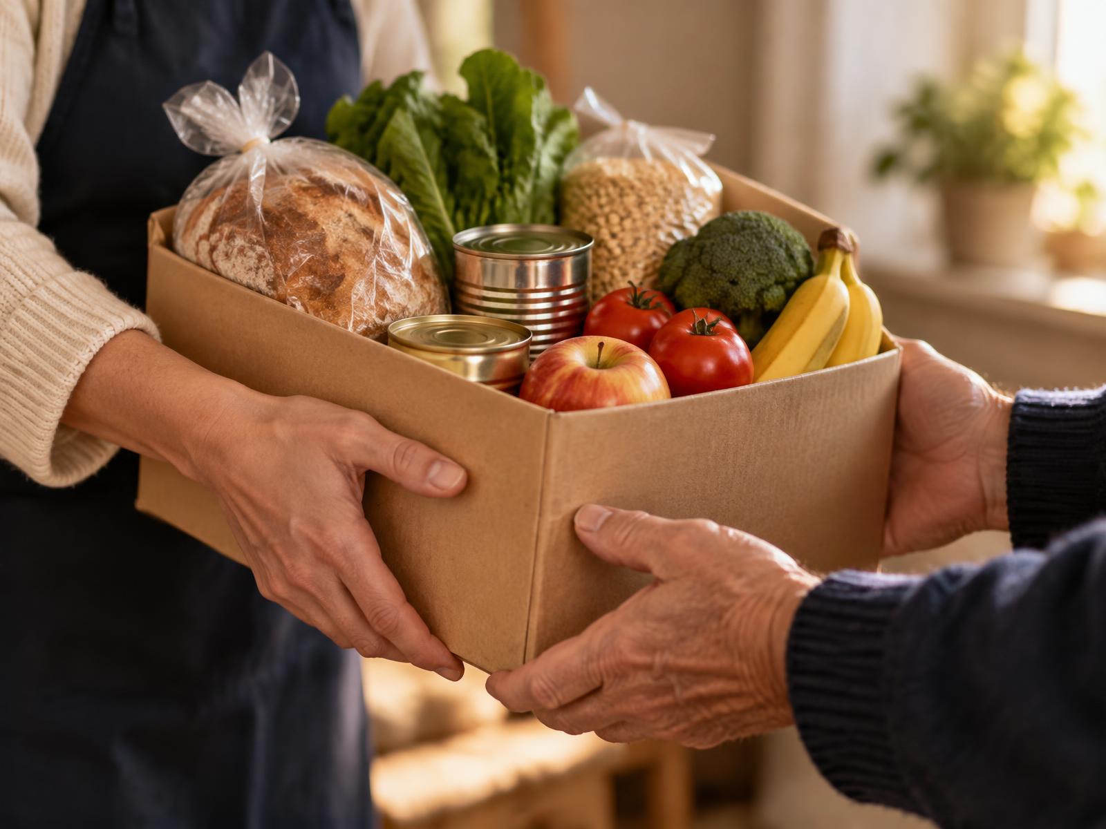Hands passing a box of groceries and fresh food to another person